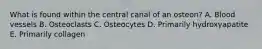 What is found within the central canal of an osteon? A. Blood vessels B. Osteoclasts C. Osteocytes D. Primarily hydroxyapatite E. Primarily collagen