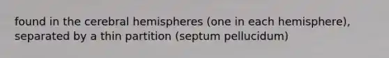 found in the cerebral hemispheres (one in each hemisphere), separated by a thin partition (septum pellucidum)