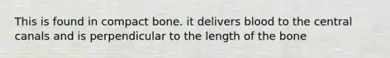 This is found in compact bone. it delivers blood to the central canals and is perpendicular to the length of the bone