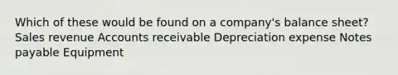 Which of these would be found on a company's balance sheet? Sales revenue Accounts receivable Depreciation expense Notes payable Equipment