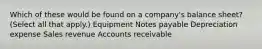 Which of these would be found on a company's balance sheet? (Select all that apply.) Equipment Notes payable Depreciation expense Sales revenue Accounts receivable