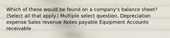 Which of these would be found on a company's balance sheet? (Select all that apply.) Multiple select question. Depreciation expense Sales revenue Notes payable Equipment Accounts receivable