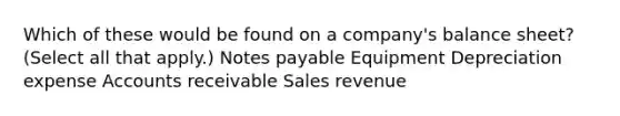 Which of these would be found on a company's balance sheet? (Select all that apply.) Notes payable Equipment Depreciation expense Accounts receivable Sales revenue