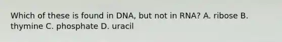 Which of these is found in DNA, but not in RNA? A. ribose B. thymine C. phosphate D. uracil