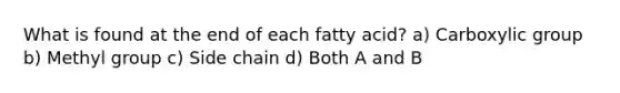 What is found at the end of each fatty acid? a) Carboxylic group b) Methyl group c) Side chain d) Both A and B