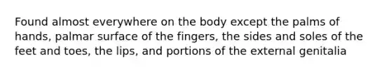 Found almost everywhere on the body except the palms of hands, palmar surface of the fingers, the sides and soles of the feet and toes, the lips, and portions of the external genitalia