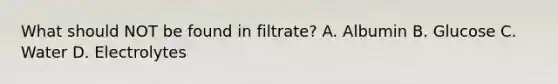 What should NOT be found in filtrate? A. Albumin B. Glucose C. Water D. Electrolytes