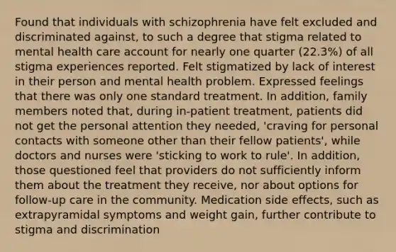 Found that individuals with schizophrenia have felt excluded and discriminated against, to such a degree that stigma related to mental health care account for nearly one quarter (22.3%) of all stigma experiences reported. Felt stigmatized by lack of interest in their person and mental health problem. Expressed feelings that there was only one standard treatment. In addition, family members noted that, during in-patient treatment, patients did not get the personal attention they needed, 'craving for personal contacts with someone other than their fellow patients', while doctors and nurses were 'sticking to work to rule'. In addition, those questioned feel that providers do not sufficiently inform them about the treatment they receive, nor about options for follow-up care in the community. Medication side effects, such as extrapyramidal symptoms and weight gain, further contribute to stigma and discrimination