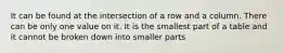 It can be found at the intersection of a row and a column. There can be only one value on it. It is the smallest part of a table and it cannot be broken down into smaller parts