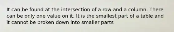 It can be found at the intersection of a row and a column. There can be only one value on it. It is the smallest part of a table and it cannot be broken down into smaller parts