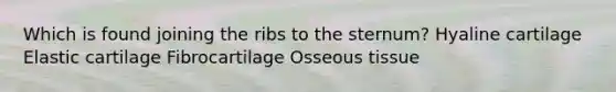 Which is found joining the ribs to the sternum? Hyaline cartilage Elastic cartilage Fibrocartilage Osseous tissue