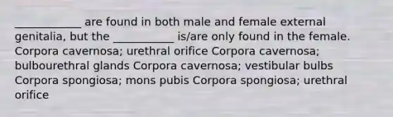 ____________ are found in both male and female external genitalia, but the ___________ is/are only found in the female. Corpora cavernosa; urethral orifice Corpora cavernosa; bulbourethral glands Corpora cavernosa; vestibular bulbs Corpora spongiosa; mons pubis Corpora spongiosa; urethral orifice