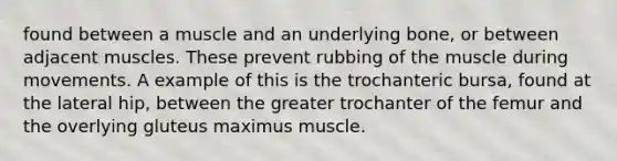 found between a muscle and an underlying bone, or between adjacent muscles. These prevent rubbing of the muscle during movements. A example of this is the trochanteric bursa, found at the lateral hip, between the greater trochanter of the femur and the overlying gluteus maximus muscle.