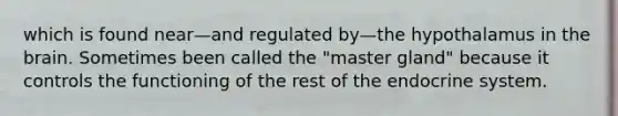 which is found near—and regulated by—the hypothalamus in the brain. Sometimes been called the "master gland" because it controls the functioning of the rest of the endocrine system.