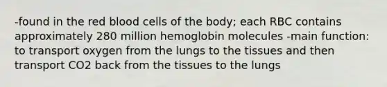 -found in the red blood cells of the body; each RBC contains approximately 280 million hemoglobin molecules -main function: to transport oxygen from the lungs to the tissues and then transport CO2 back from the tissues to the lungs