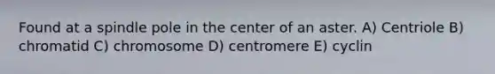 Found at a spindle pole in the center of an aster. A) Centriole B) chromatid C) chromosome D) centromere E) cyclin