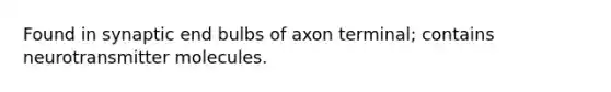 Found in synaptic end bulbs of axon terminal; contains neurotransmitter molecules.