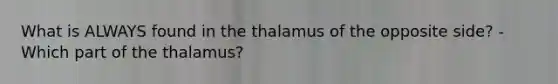 What is ALWAYS found in the thalamus of the opposite side? - Which part of the thalamus?