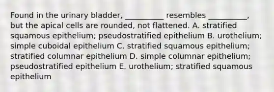 Found in the urinary bladder, __________ resembles __________, but the apical cells are rounded, not flattened. A. stratified squamous epithelium; pseudostratified epithelium B. urothelium; simple cuboidal epithelium C. stratified squamous epithelium; stratified columnar epithelium D. simple columnar epithelium; pseudostratified epithelium E. urothelium; stratified squamous epithelium