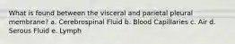 What is found between the visceral and parietal pleural membrane? a. Cerebrospinal Fluid b. Blood Capillaries c. Air d. Serous Fluid e. Lymph