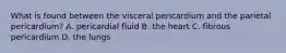 What is found between the visceral pericardium and the parietal pericardium? A. pericardial fluid B. the heart C. fibrous pericardium D. the lungs