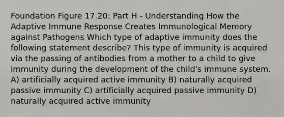 Foundation Figure 17.20: Part H - Understanding How the Adaptive Immune Response Creates Immunological Memory against Pathogens Which type of adaptive immunity does the following statement describe? This type of immunity is acquired via the passing of antibodies from a mother to a child to give immunity during the development of the child's immune system. A) artificially acquired active immunity B) naturally acquired passive immunity C) artificially acquired passive immunity D) naturally acquired active immunity