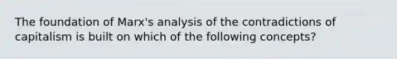 The foundation of Marx's analysis of the contradictions of capitalism is built on which of the following concepts?