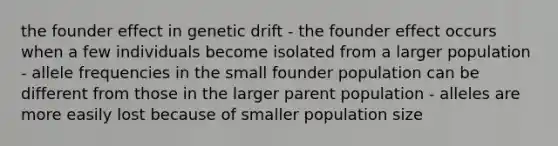 the founder effect in genetic drift - the founder effect occurs when a few individuals become isolated from a larger population - allele frequencies in the small founder population can be different from those in the larger parent population - alleles are more easily lost because of smaller population size