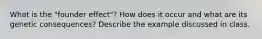 What is the "founder effect"? How does it occur and what are its genetic consequences? Describe the example discussed in class.