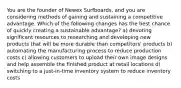 You are the founder of Newex Surfboards, and you are considering methods of gaining and sustaining a competitive advantage. Which of the following changes has the best chance of quickly creating a sustainable advantage? a) devoting significant resources to researching and developing new products that will be more durable than competitors' products b) automating the manufacturing process to reduce production costs c) allowing customers to upload their own image designs and help assemble the finished product at retail locations d) switching to a just-in-time inventory system to reduce inventory costs