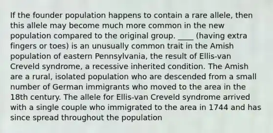 If the founder population happens to contain a rare allele, then this allele may become much more common in the new population compared to the original group. ____ (having extra fingers or toes) is an unusually common trait in the Amish population of eastern Pennsylvania, the result of Ellis-van Creveld syndrome, a recessive inherited condition. The Amish are a rural, isolated population who are descended from a small number of German immigrants who moved to the area in the 18th century. The allele for Ellis-van Creveld syndrome arrived with a single couple who immigrated to the area in 1744 and has since spread throughout the population