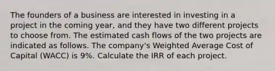 The founders of a business are interested in investing in a project in the coming year, and they have two different projects to choose from. The estimated cash flows of the two projects are indicated as follows. The company's Weighted Average Cost of Capital (WACC) is 9%. Calculate the IRR of each project.