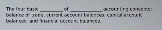 The four basic __________ of ______________ accounting concepts: balance of trade, current account balances, capital account balances, and financial account balances.