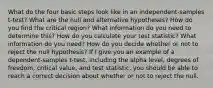 What do the four basic steps look like in an independent-samples t-test? What are the null and alternative hypotheses? How do you find the critical region? What information do you need to determine this? How do you calculate your test statistic? What information do you need? How do you decide whether or not to reject the null hypothesis? If I give you an example of a dependent-samples t-test, including the alpha level, degrees of freedom, critical value, and test statistic, you should be able to reach a correct decision about whether or not to reject the null.