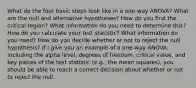 What do the four basic steps look like in a one-way ANOVA? What are the null and alternative hypotheses? How do you find the critical region? What information do you need to determine this? How do you calculate your test statistic? What information do you need? How do you decide whether or not to reject the null hypothesis? If I give you an example of a one-way ANOVA, including the alpha level, degrees of freedom, critical value, and key pieces of the test statistic (e.g., the mean squares), you should be able to reach a correct decision about whether or not to reject the null.