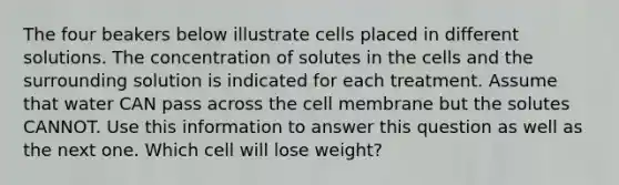 The four beakers below illustrate cells placed in different solutions. The concentration of solutes in the cells and the surrounding solution is indicated for each treatment. Assume that water CAN pass across the cell membrane but the solutes CANNOT. Use this information to answer this question as well as the next one. Which cell will lose weight?