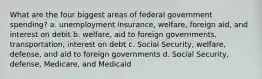 What are the four biggest areas of federal government spending? a. unemployment insurance, welfare, foreign aid, and interest on debit b. welfare, aid to foreign governments, transportation, interest on debt c. Social Security, welfare, defense, and aid to foreign governments d. Social Security, defense, Medicare, and Medicaid