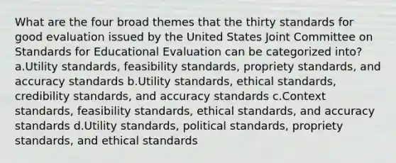 What are the four broad themes that the thirty standards for good evaluation issued by the United States Joint Committee on Standards for Educational Evaluation can be categorized into? a.Utility standards, feasibility standards, propriety standards, and accuracy standards b.Utility standards, ethical standards, credibility standards, and accuracy standards c.Context standards, feasibility standards, ethical standards, and accuracy standards d.Utility standards, political standards, propriety standards, and ethical standards