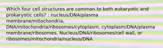 Which four cell structures are common to both eukaryotic and prokaryotic cells? : nucleus/DNA/plasma membrane/mitochondria, DNA/mitochondria/ribosomes/cytoplasm, cytoplasm/DNA/plasma membrane/ribosomes, Nucleus/DNA/ribosomes/cell wall, or ribosomes/mitochondria/nucleus/DNA