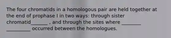 The four chromatids in a homologous pair are held together at the end of prophase I in two ways: through sister chromatid_______ , and through the sites where ________ __________ occurred between the homologues.