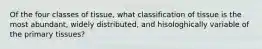 Of the four classes of tissue, what classification of tissue is the most abundant, widely distributed, and hisologhically variable of the primary tissues?