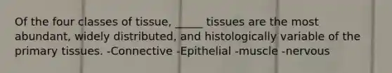 Of the four classes of tissue, _____ tissues are the most abundant, widely distributed, and histologically variable of the primary tissues. -Connective -Epithelial -muscle -nervous