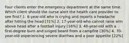 Four clients enter the emergency department at the same time. Which client should the nurse alert the health care provider to see first? 1. 6-year-old who is crying and reports a headache after hitting the head [31%] 2. 17-year-old who cannot raise arm above head after a football injury [16%] 3. 40-year-old with a first-degree burn and singed beard from a campfire [30%] 4. 70-year-old experiencing severe diarrhea and a poor appetite [22%]