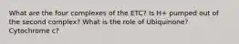 What are the four complexes of the ETC? Is H+ pumped out of the second complex? What is the role of Ubiquinone? Cytochrome c?