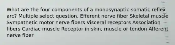 What are the four components of a monosynaptic somatic reflex arc? Multiple select question. Efferent nerve fiber Skeletal muscle Sympathetic motor nerve fibers Visceral receptors Association fibers Cardiac muscle Receptor in skin, muscle or tendon Afferent nerve fiber