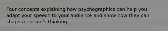 Four concepts explaining how psychographics can help you adapt your speech to your audience and show how they can shape a person's thinking