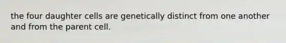 the four daughter cells are genetically distinct from one another and from the parent cell.