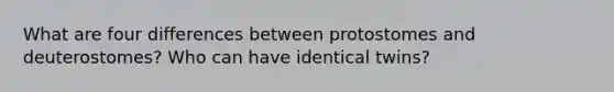 What are four differences between protostomes and deuterostomes? Who can have identical twins?