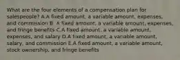 What are the four elements of a compensation plan for​ salespeople? A.A fixed​ amount, a variable​ amount, expenses, and commission B. A fixed​ amount, a variable​ amount, expenses, and fringe benefits C.A fixed​ amount, a variable​ amount, expenses, and salary D.A fixed​ amount, a variable​ amount, salary, and commission E.A fixed​ amount, a variable​ amount, stock​ ownership, and fringe benefits