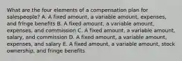 What are the four elements of a compensation plan for​ salespeople? A. A fixed​ amount, a variable​ amount, expenses, and fringe benefits B. A fixed​ amount, a variable​ amount, expenses, and commission C. A fixed​ amount, a variable​ amount, salary, and commission D. A fixed​ amount, a variable​ amount, expenses, and salary E. A fixed​ amount, a variable​ amount, stock​ ownership, and fringe benefits